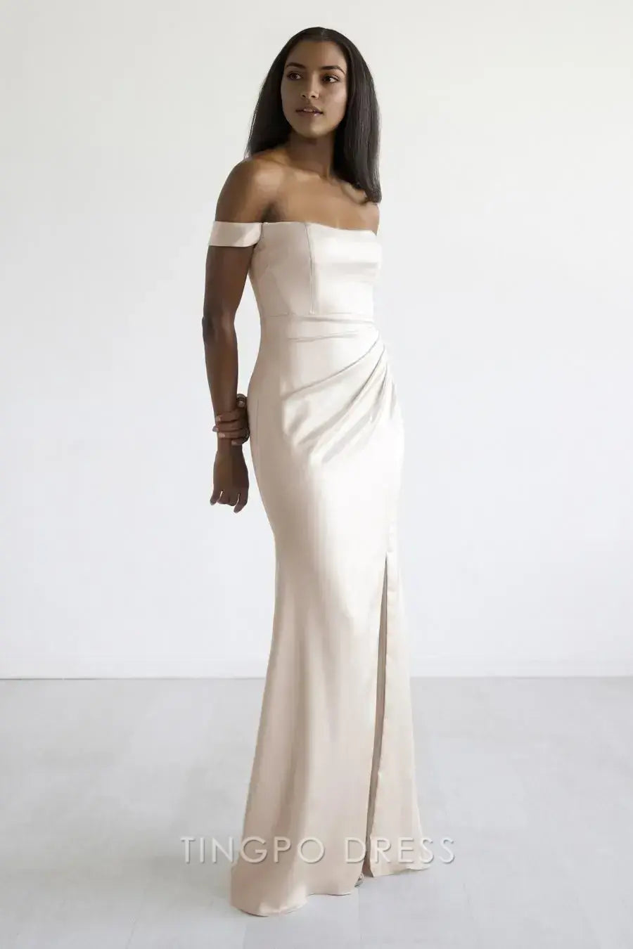 TingPo Wholesale Simple Champagne Satin Off-Shoulder Dress - Asymmetric Ruched Bodycon Evening Gown